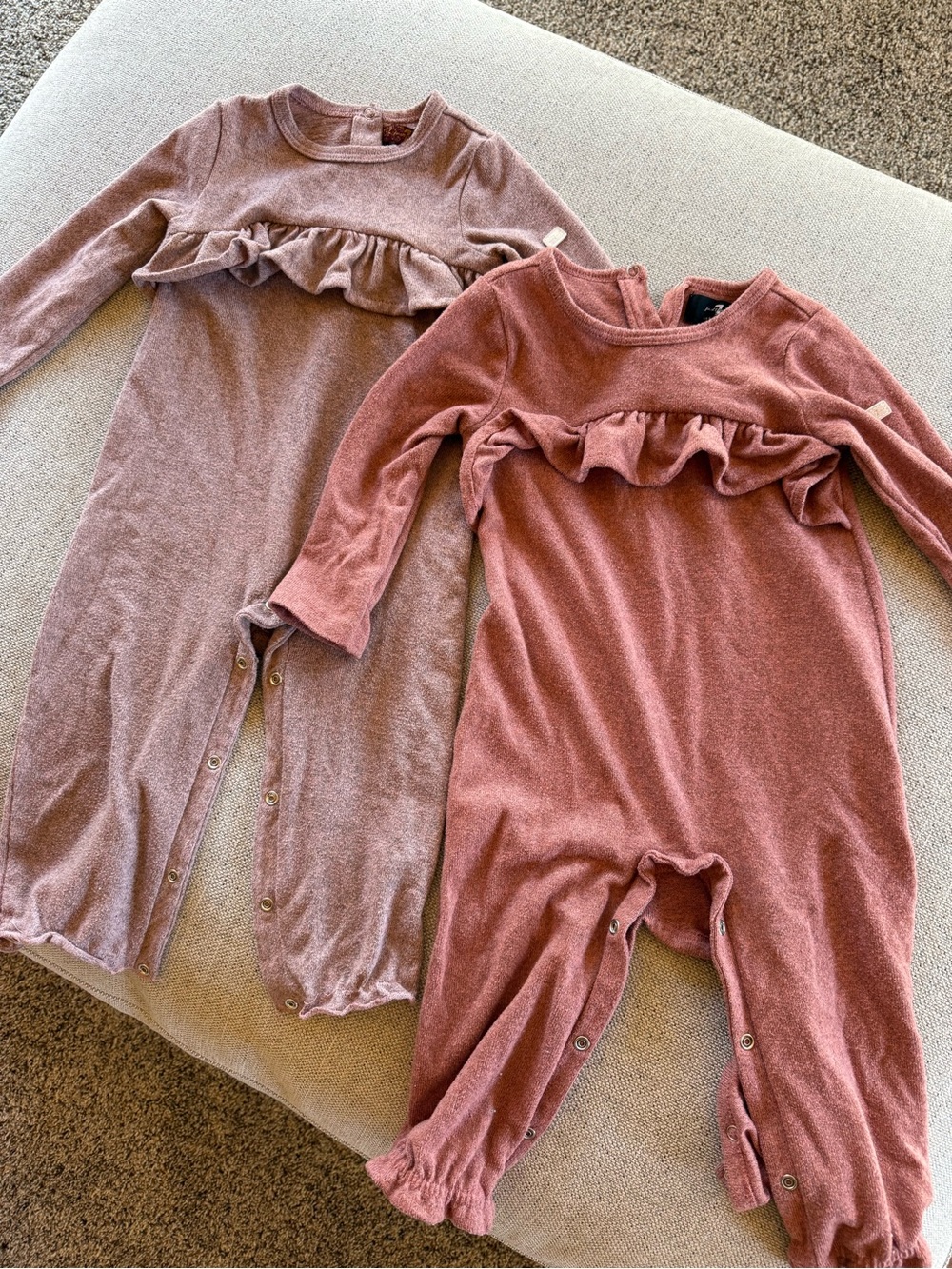 7 For All Mankind Ruffle-Front Long Sleeve Rompers in Mauve and Rose